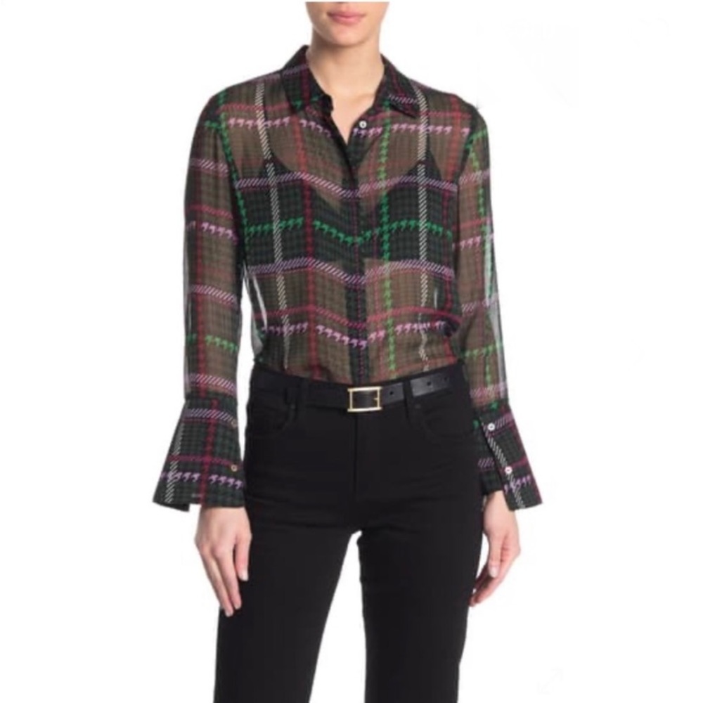 NEW Kut from the Kloth Sheer Plaid Shirt Size S Button-Down Bell Sleeves